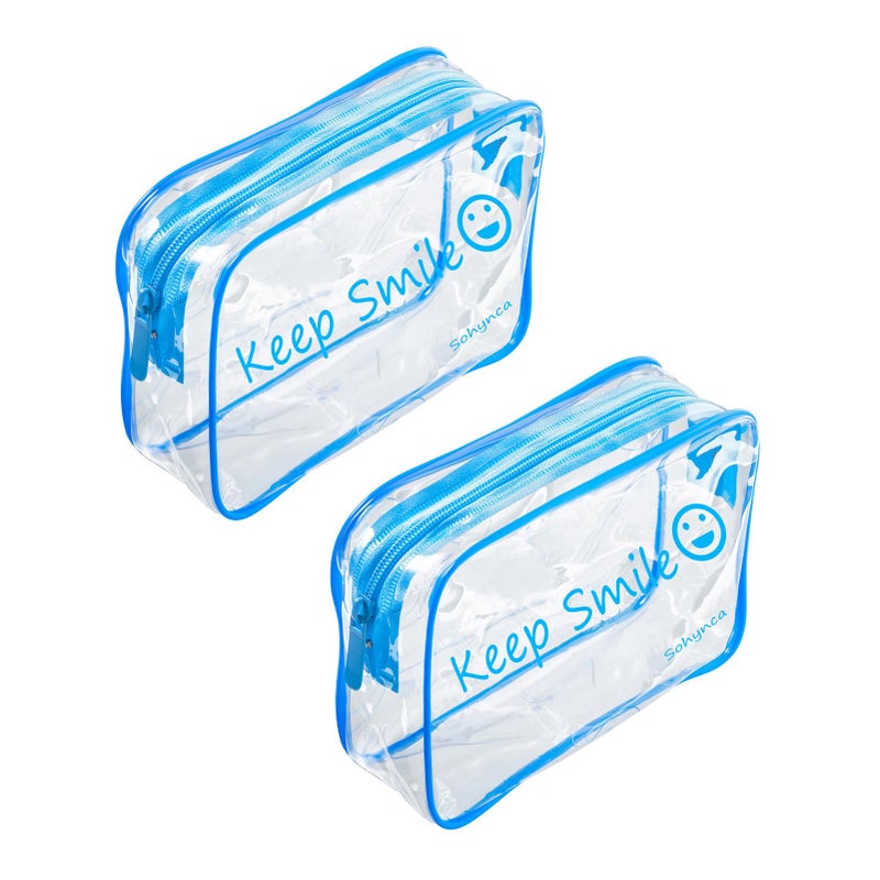 Sohynca 2pcs Clear PVC Toiletry Bag Transparent Waterproof Cosmetic Bag Minimalism Makeup Bag Small neat Cosmetic Pouch Summer Beach Purses Organize (Smile Blue) - Image 1